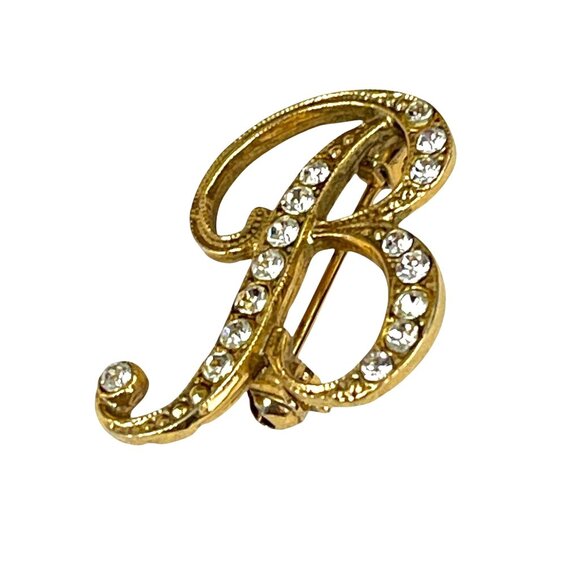 Gold-Tone "B" Initial Brooch Pin With Rhinestone Accents Textured Design - Picture 1 of 7
